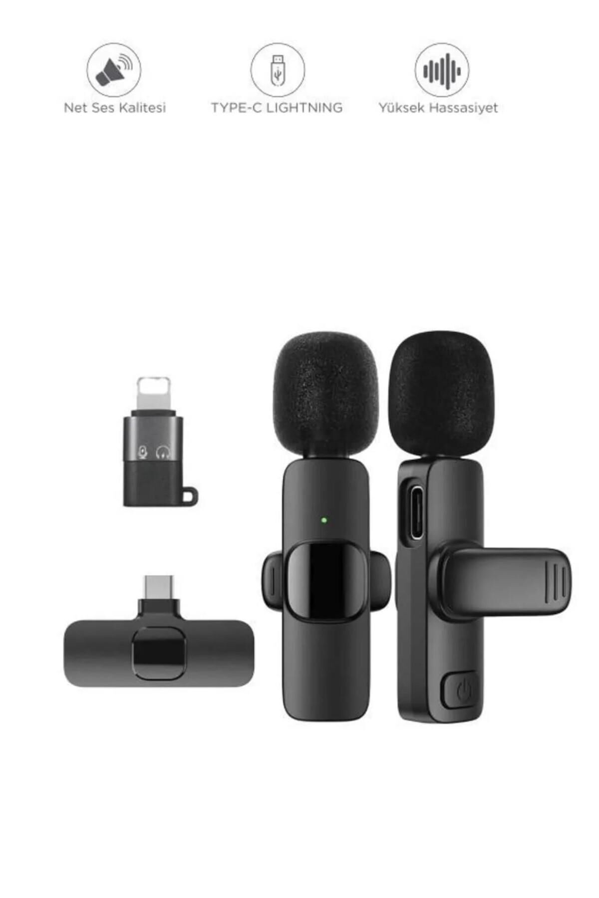 K9 2li Type-C + Lightning dönüştürücülü Kablosuz Yaka Mikrofonu 2li