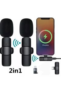 K9 2li Type-C + Lightning dönüştürücülü Kablosuz Yaka Mikrofonu 2li