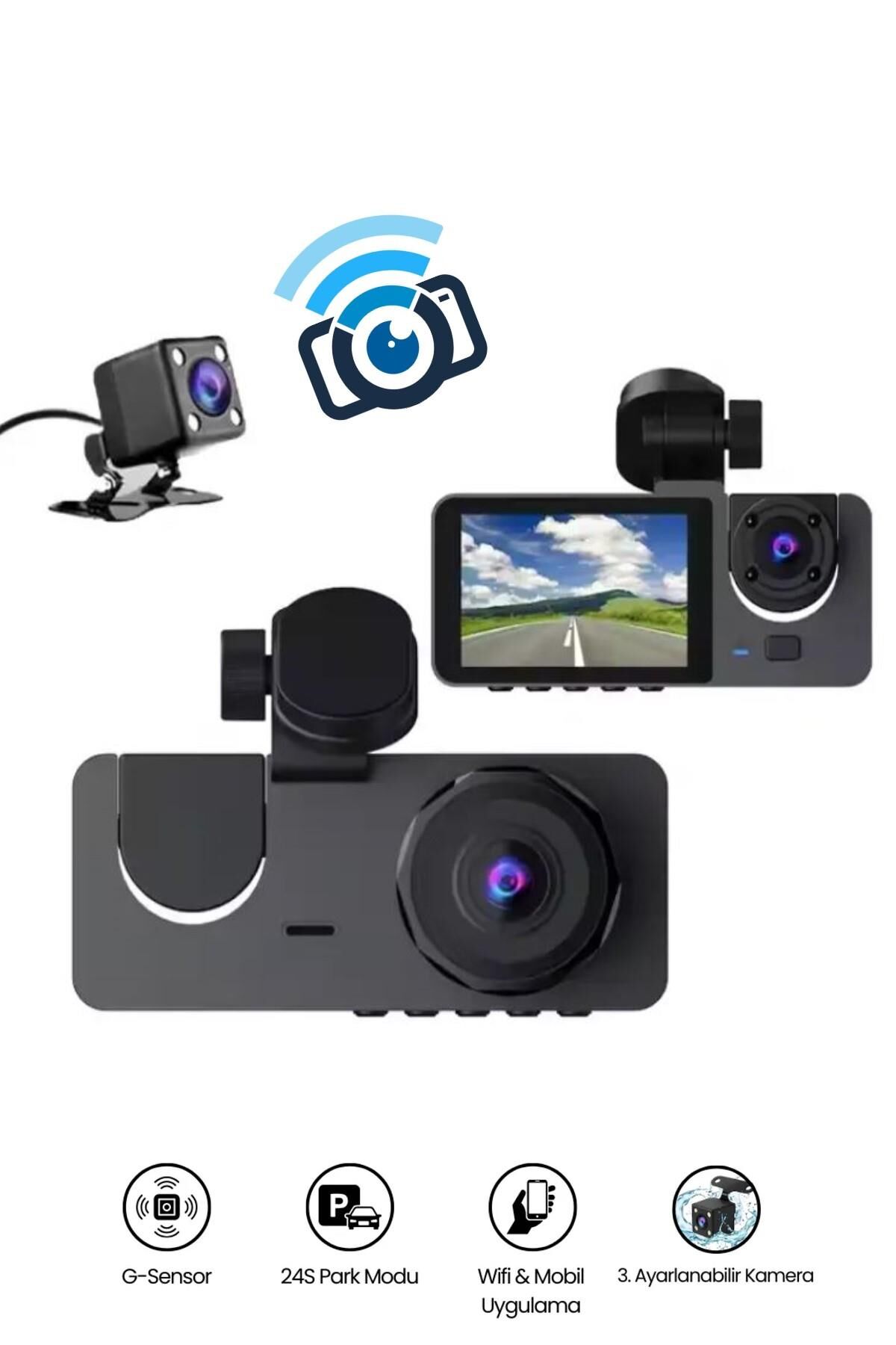 Araç İçi Wi-fi Kamera HD 3 Kameralı 7/24 Kayıt G-sensör Mobil Uygulama İle Canlı Takip Black Box