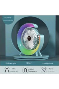 Masaüstü Vantilatör Usb Şarjlı Rgb Led Işıklı 3 Kademeli 180° Ayarlanabilir Soğutucu Fan Pembe