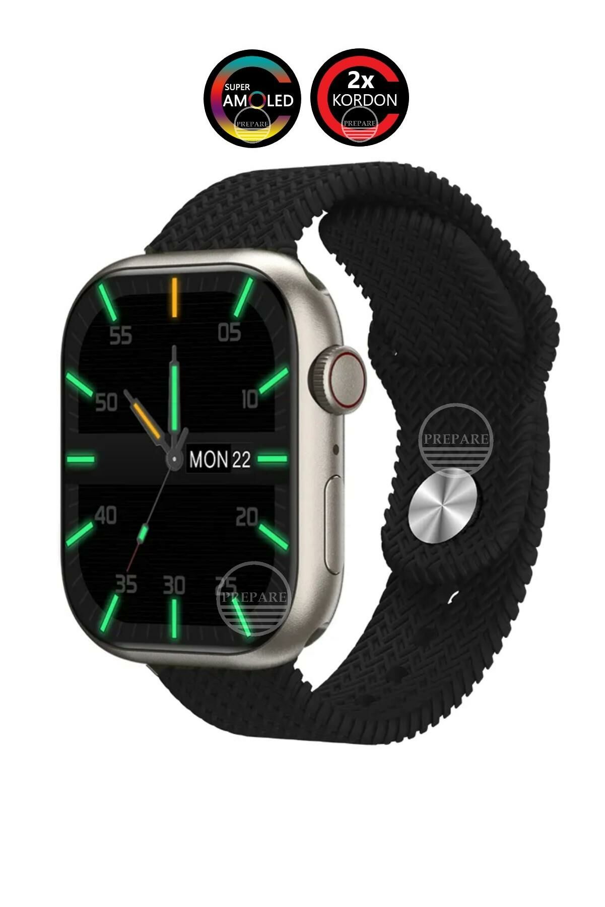 Watch 8 PR-9 Pro Amoled 45mm 1,9 inç Ekran Pusula Vidalı Kilitli 2 Çift Kordon Akıllı Saat