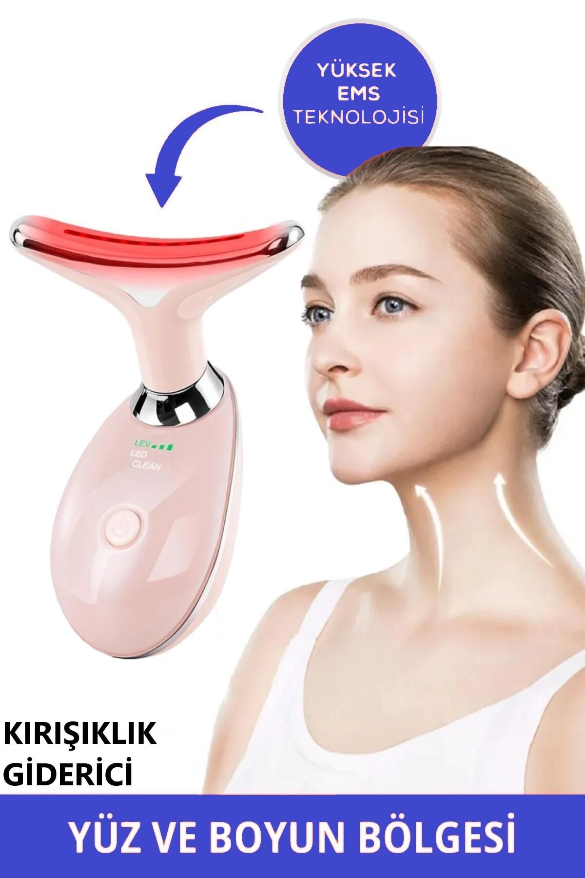 Boyun Ve Yüz Kırşıklık Giderici (Gıdık,Sarkma,Kırışıklık) 3 Proğramlı Ems Güzellik Cihazı 7 Renk Led Pembe