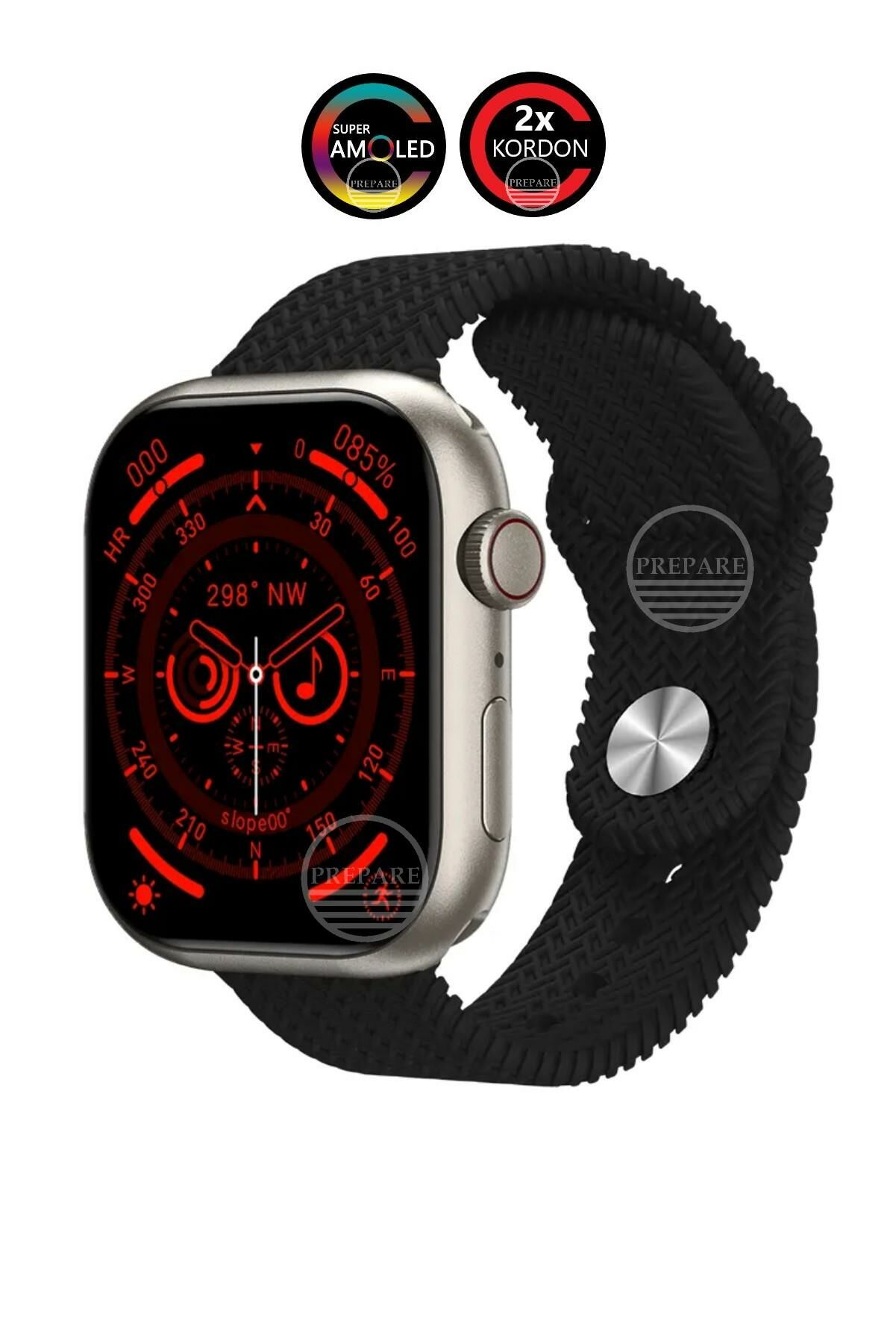 Watch 8 PR-9 Pro Amoled 45mm 1,9 inç Ekran Pusulalı Vidalı Kilitli Çift Kordon Akıllı Saat