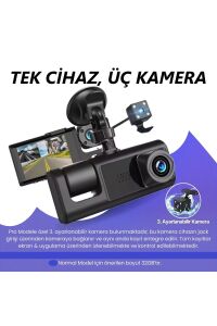 Araç Wi-fi Güvenli Sürüş Kamerası SHD Ön İç Arka 3 Kameralı G-sensör Mobil Uygulama İle Kolay İzleme