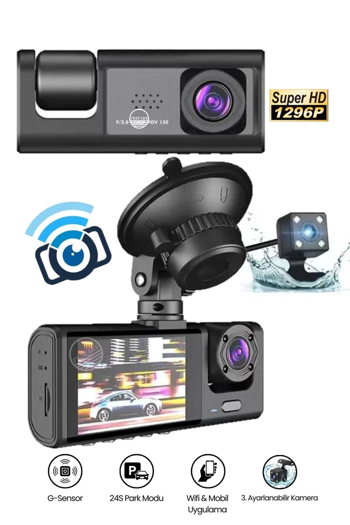 Araç Wi-fi Güvenli Sürüş Kamerası SHD Ön İç Arka 3 Kameralı G-sensör Mobil Uygulama İle Kolay İzleme