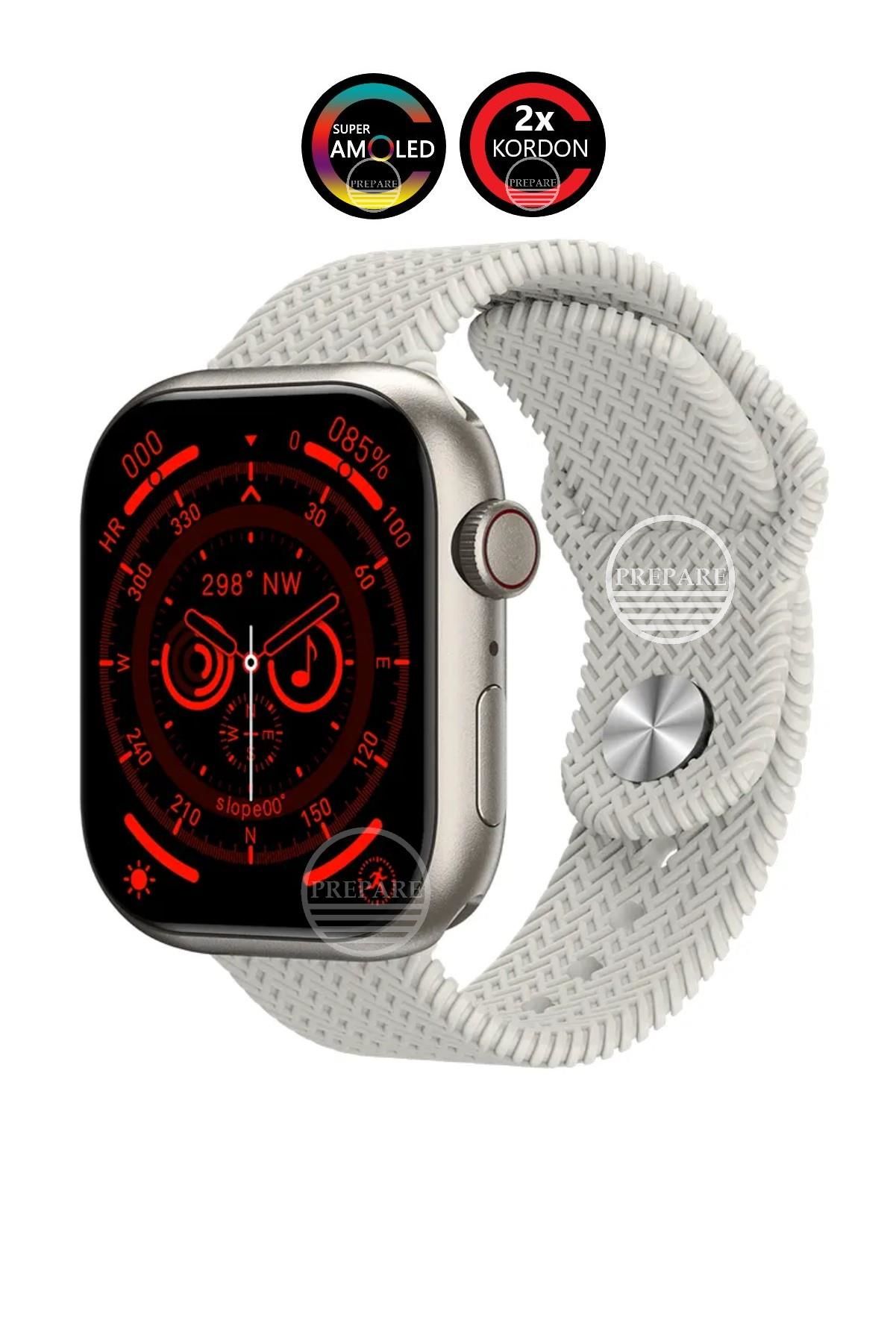 Watch 8 PR-9 Pro Amoled 45mm 1,9 inç Ekran Pusulalı Vidalı Kilitli 2 Kordon Akıllı Saat