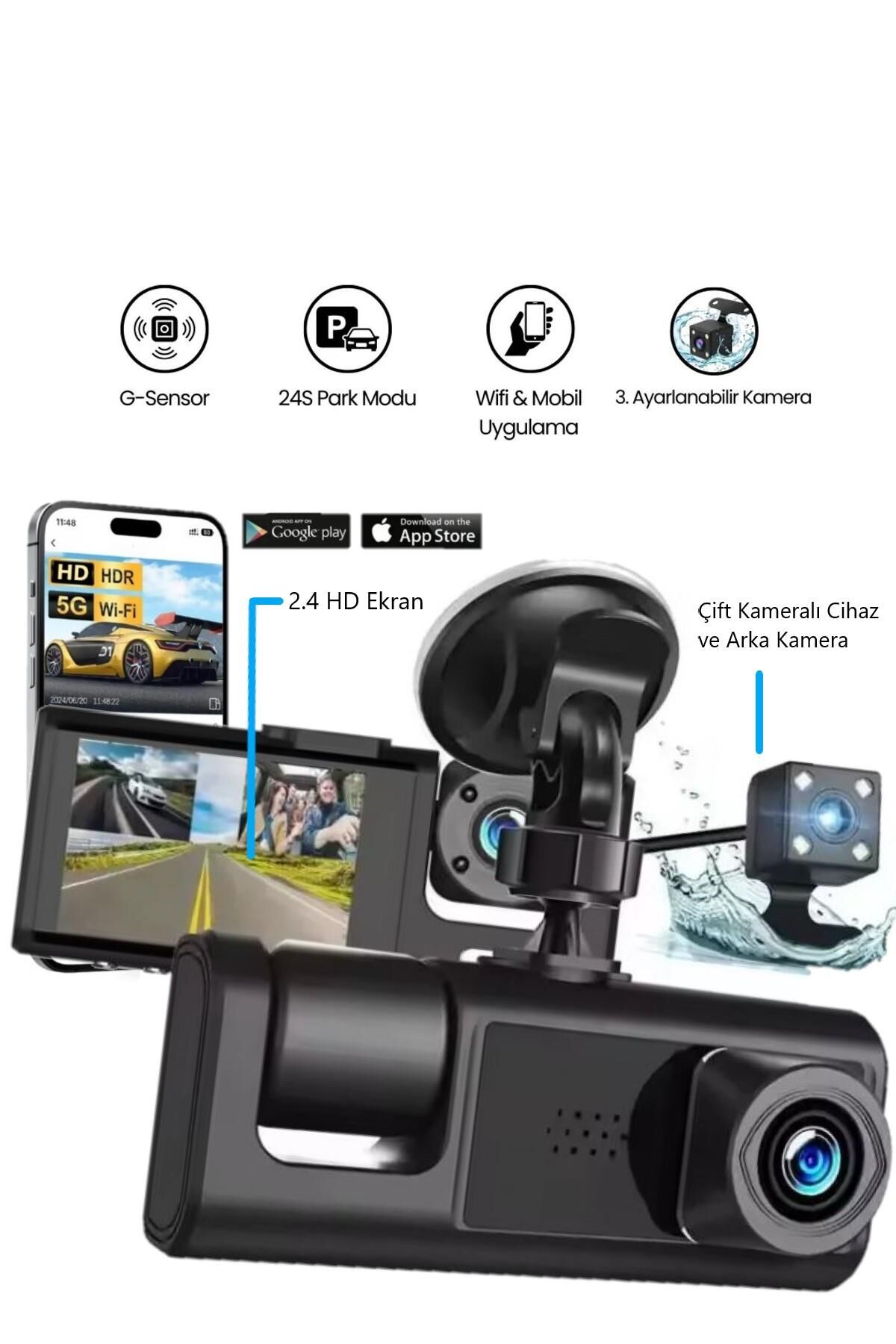 Araç İçi Wi-fi Güvenli Sürüş Kamerası Ön İç Arka 3 Kameralı G-sensör Mobil Uygulama İle Kolay İzleme