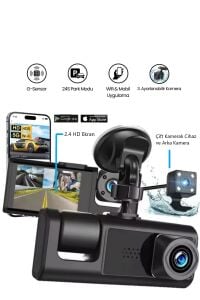 Araç İçi Wi-fi Güvenli Sürüş Kamerası Ön İç Arka 3 Kameralı G-sensör Mobil Uygulama İle Kolay İzleme