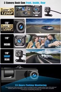Araç İçi Wi-fi Güvenli Sürüş Kamerası Ön İç Arka 3 Kameralı G-sensör Mobil Uygulama İle Kolay İzleme