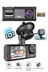 Araç İçi Wi-fi Güvenli Sürüş Kamerası Ön İç Arka 3 Kameralı G-sensör Mobil Uygulama İle Kolay İzleme