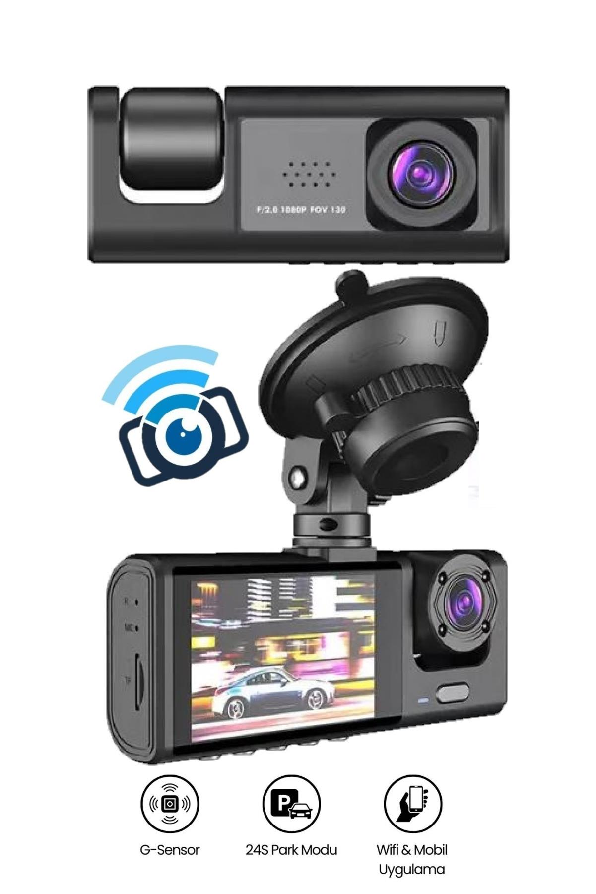 Araç İçi Wi-fi Güvenli Sürüş Kamerası SHD Ön İç 2 Kameralı G-sensör Mobil Uygulama İle Kolay İzleme