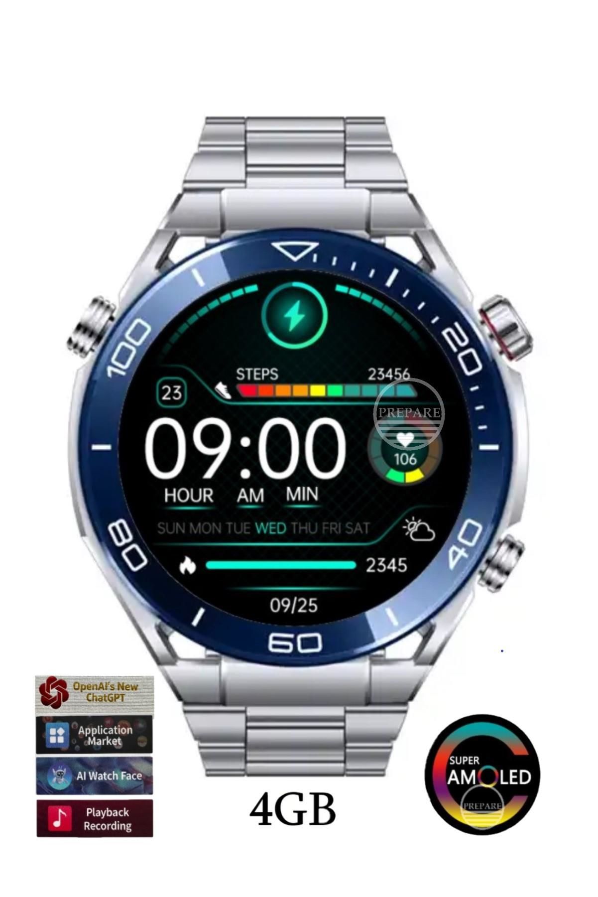 Smart Watch Pro D4 Amoled Akıllı Saat 2x Kordon Metal ve Silikon 1.43inc Full HD Amoled Ekran App Market Sesli Arama Bildirim Gri