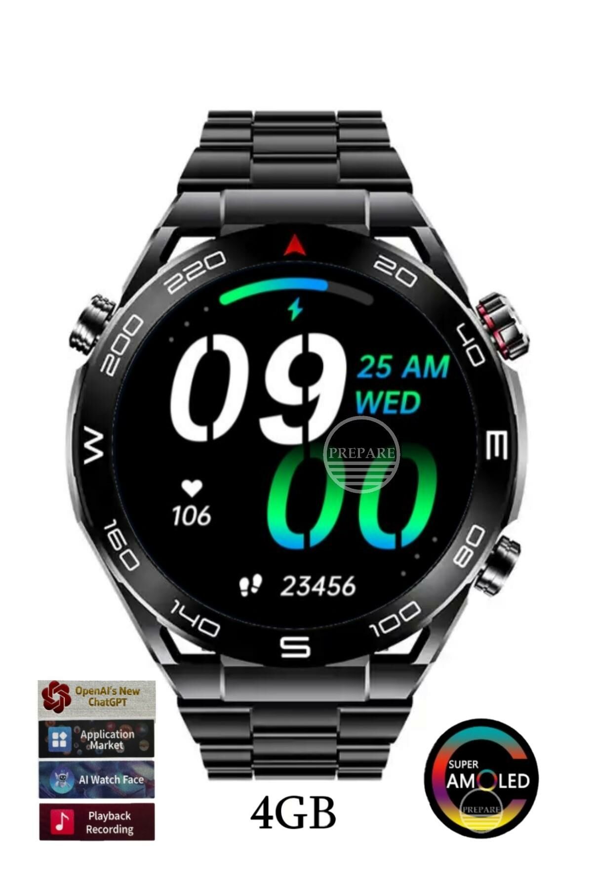 Full HD Amoled Ekran Pro Akıllı Saat Çelik ve Silikon Kordon App Market Müzik Yükleme Kulaklık Bağlama Siyah