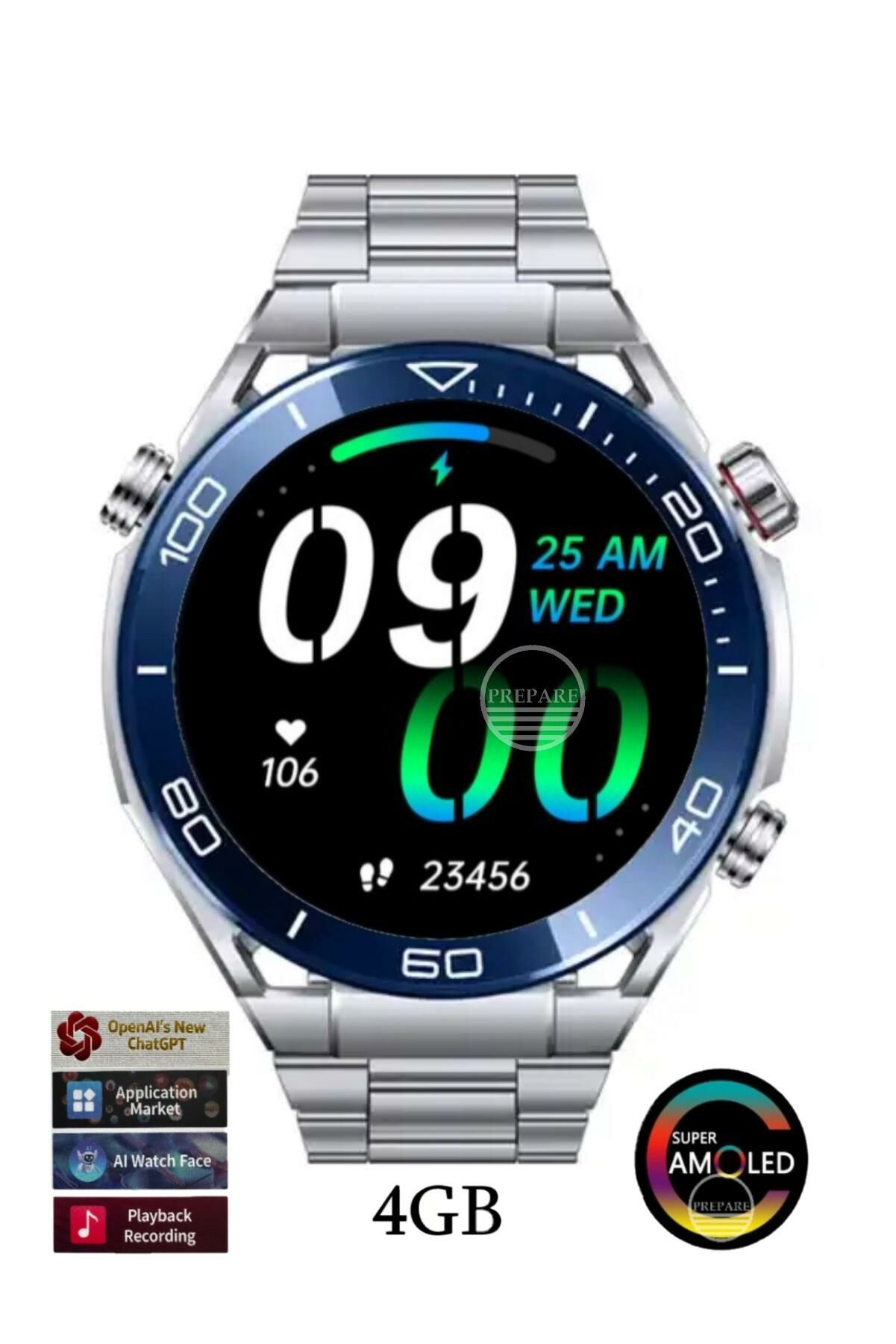 Full HD Amoled Ekran Pro Akıllı Saat Çelik ve Silikon Kordon App Market Müzik Yükleme Kulaklık Bağlama Gri