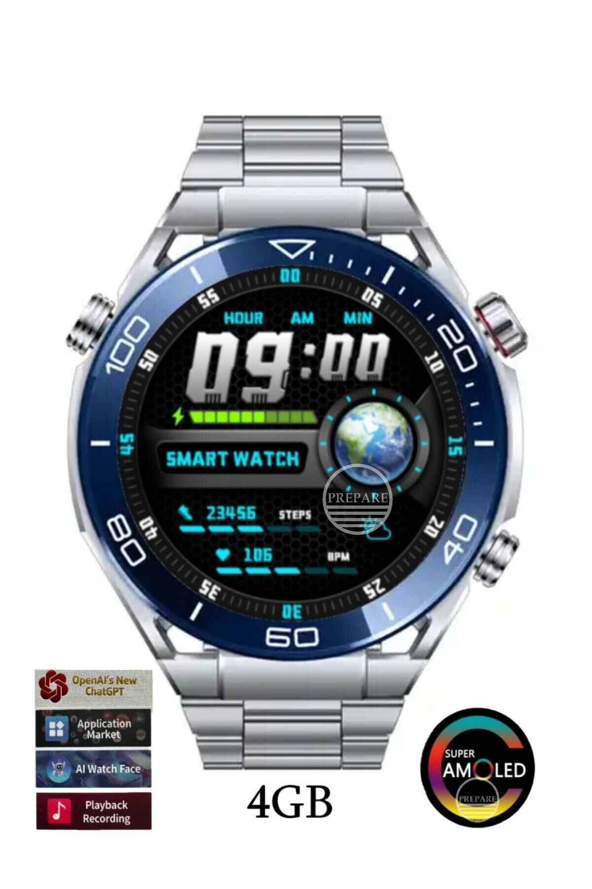 Full HD Amoled Ekran Pro Akıllı Saat Çelik ve Deri Kordon App Market Müzik Yükleme Kulaklık Bağlama Gri