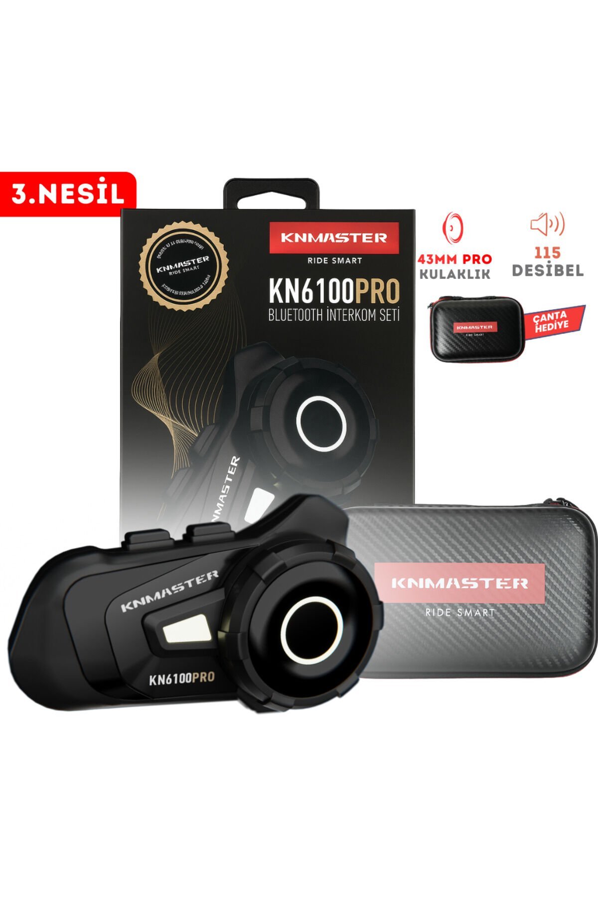 Kn6100 Pro Motosiklet Kask Interkom Bluetooth Intercom Kulaklık Seti Siyah Çanta Hediyeli