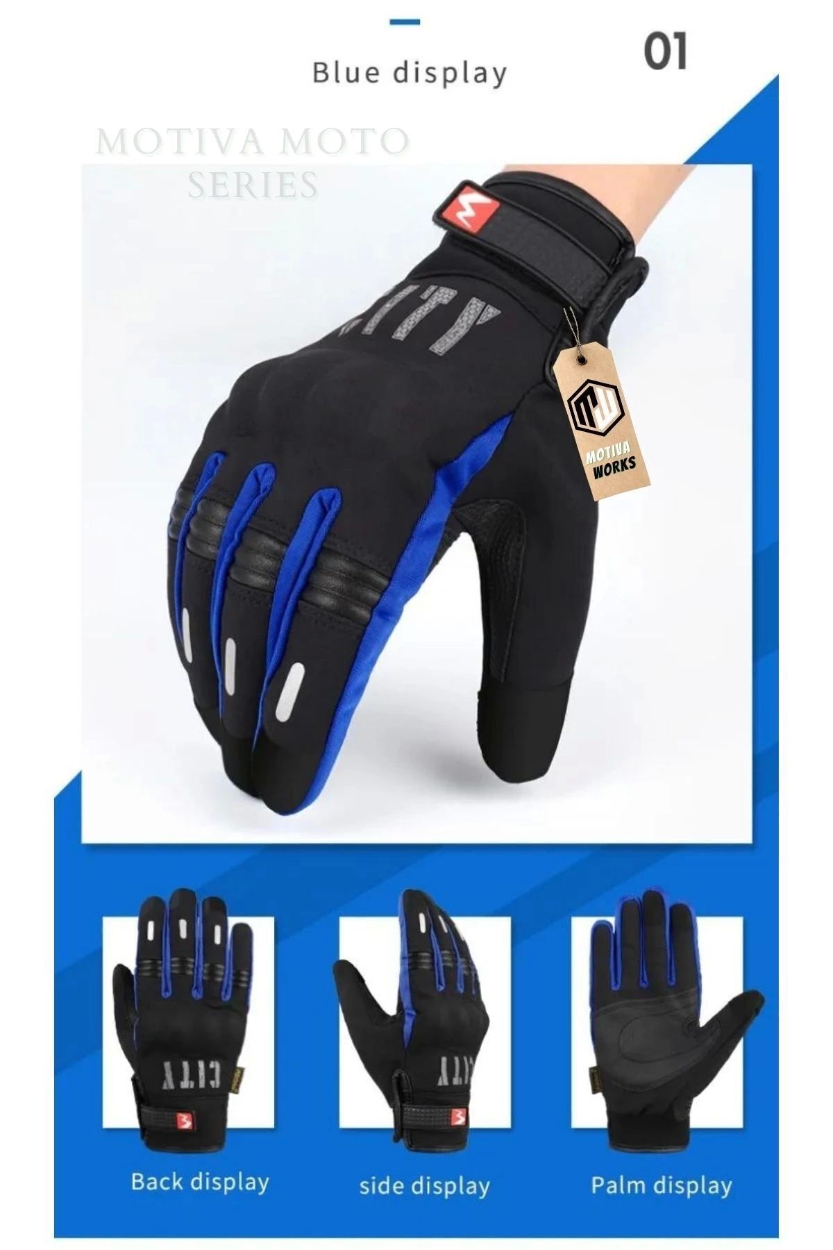 Softshell Kışlık Motosiklet Eldiveni Reflektörlü Gizli Korumalı City Mavi