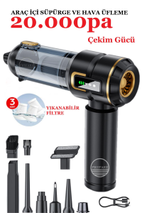 Kablosuz Araç İçi Süpürge 20.000PA Basınçlı Üfleme ve Çekme Süpürgesi 12 Parçalı Temizleme Set Siyah