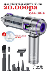 Kablosuz Araç İçi Süpürge 20.000PA Basınçlı Üfleme ve Çekme Süpürgesi 12 Parçalı Temizleme Seti Gri