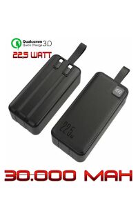 Powerbank 30.000 mAh 22,5 Watt PD Qualcoom Fast Hızlı Şarj Dahili Kablolu Powerbank Siyah