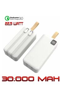 Powerbank 30.000 mAh 22,5 Watt PD Qualcoom Fast Hızlı Şarj Dahili Kablolu Powerbank Beyaz