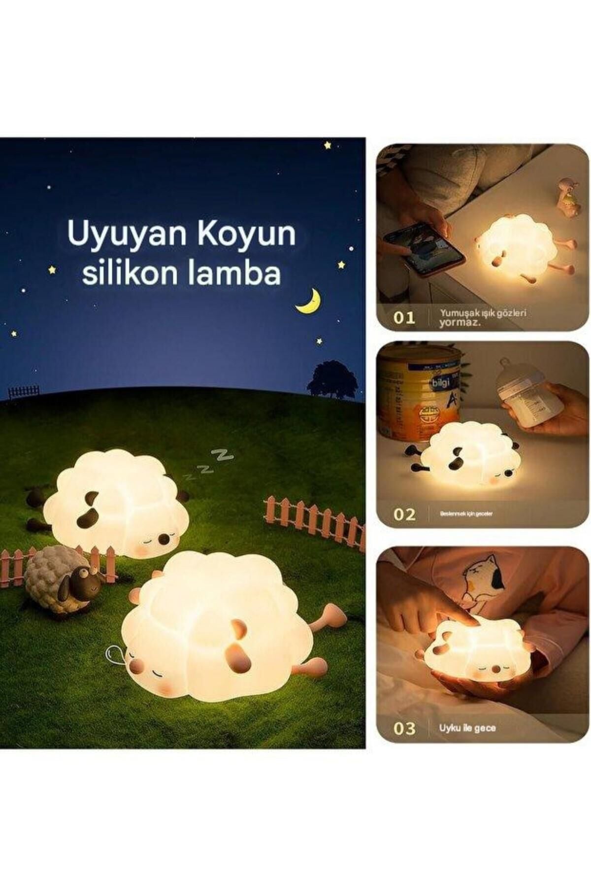 Koyun Figürlü Silikon RGB Dokunmatik Renk Değiştirebilen Gece Lambası USB Şarjlı Loş Işık